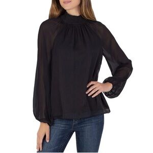 Joie Black Sheer Blouse with Smocked Neckline